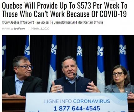 魁省宣布在家隔离者每周补贴$573加元
