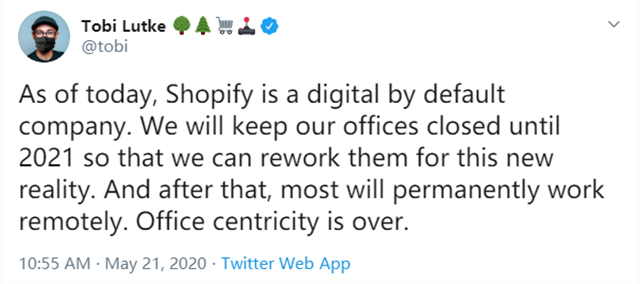Shopify宣布大部分员工将永久居家办公