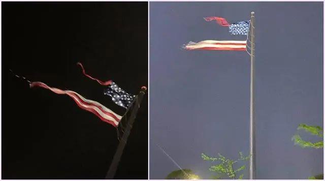 美国最大的国旗，在雨中被雷劈成两半！